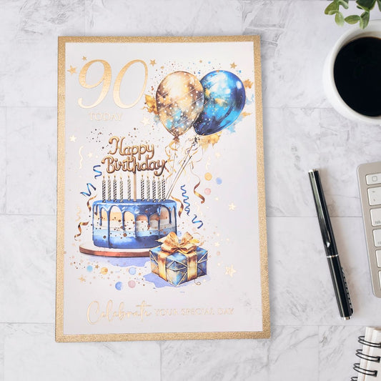 90th Birthday Card - Bliss Cake & Balloons