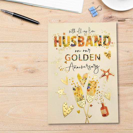 Husband Golden Wedding Anniversary Card - 50th Gold Flutes