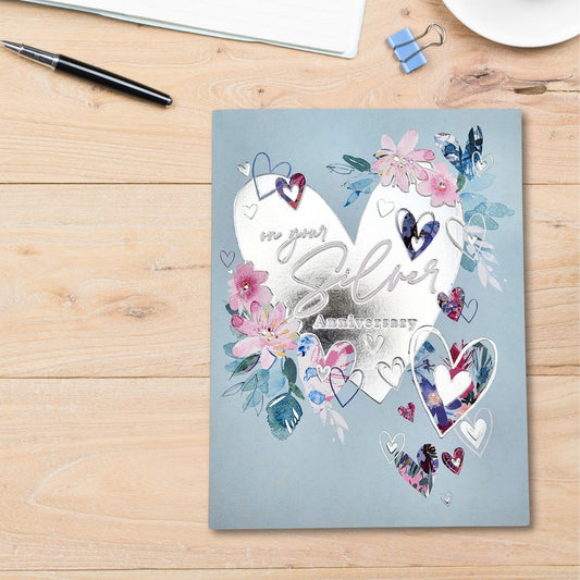 Silver Wedding Anniversary Card - 25th Floral Hearts