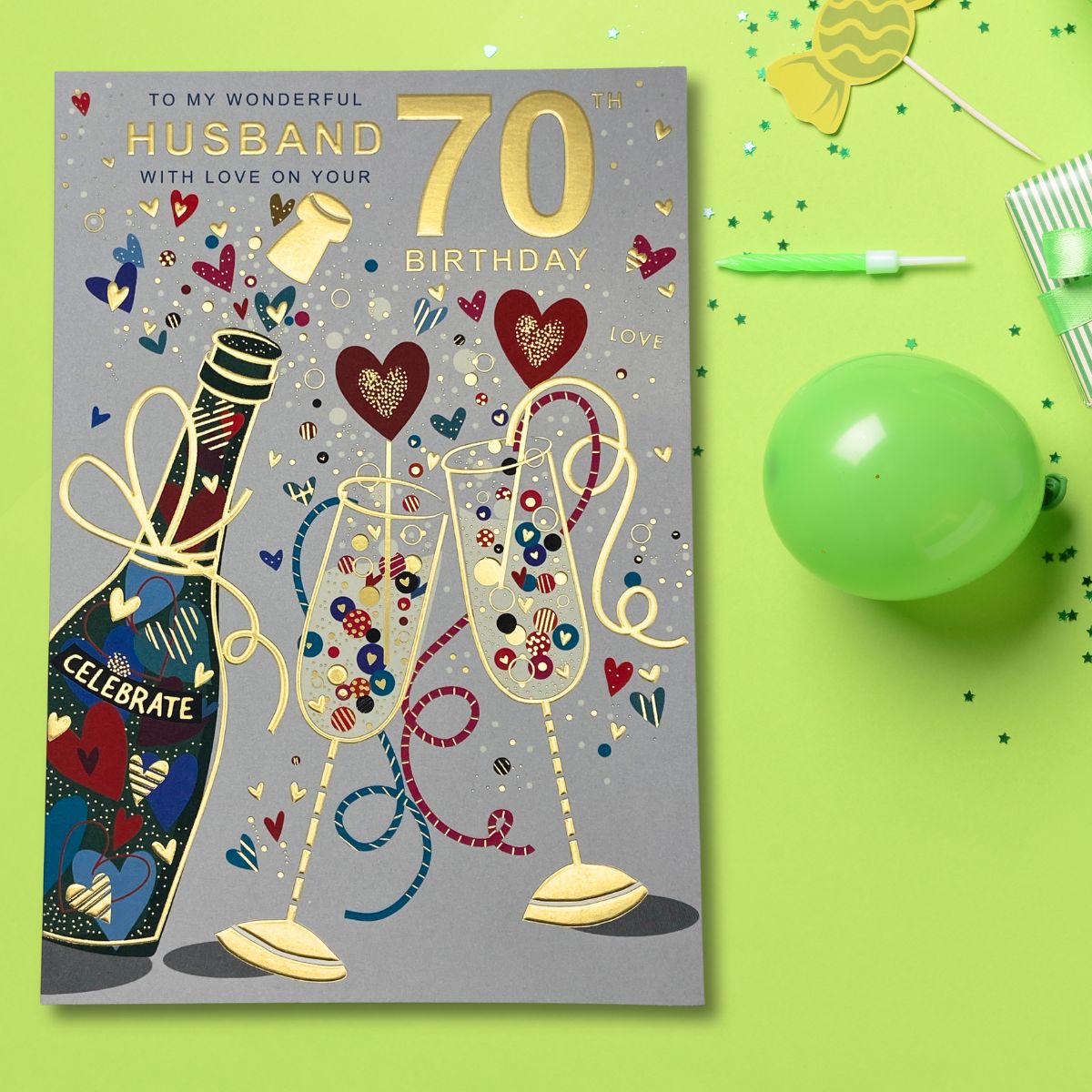 Husband 70th Birthday Card - Lumino Bubbly