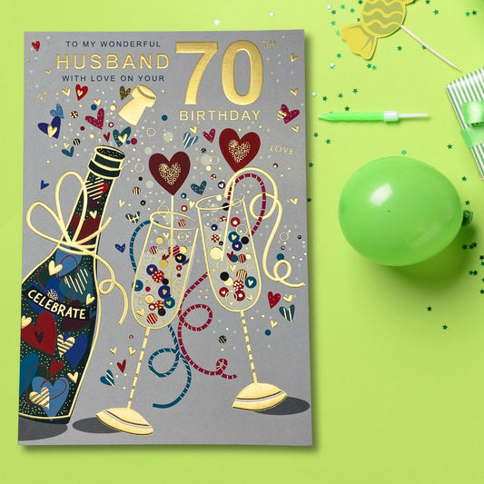 Husband 70th Birthday Card - Lumino Bubbly