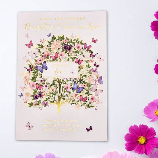 Daughter & Son-In-Law Wedding Anniversary Card - Pizazz Butterfly Tree