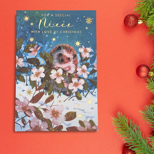 Niece Christmas Card - Snowy Hedgehog