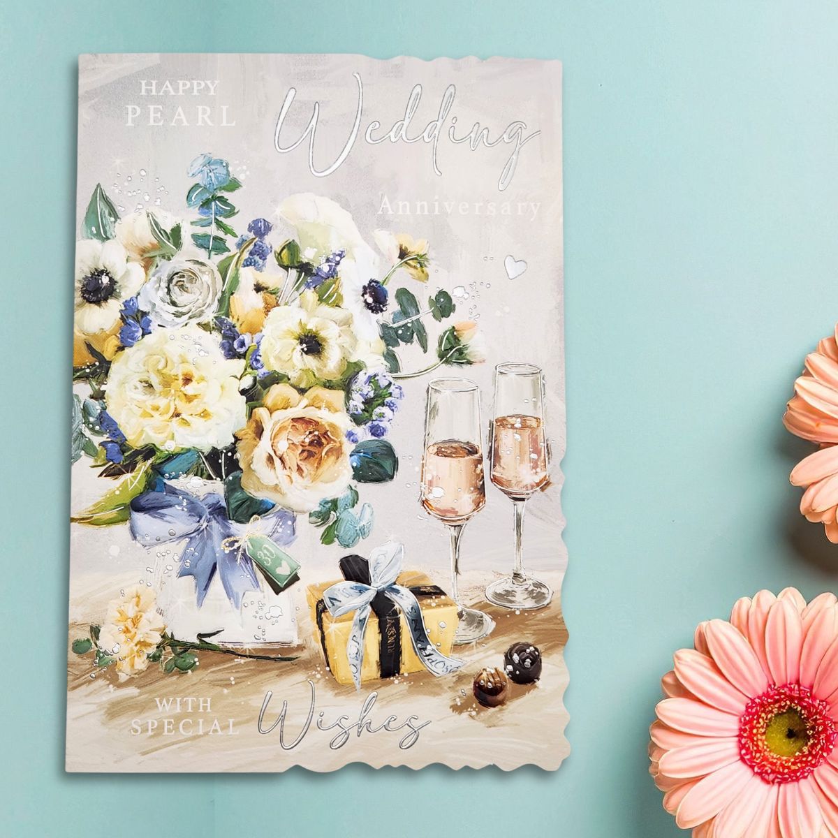 Pearl Wedding Anniversary Card - 30th Velvet Gallery Champagne & Flowers