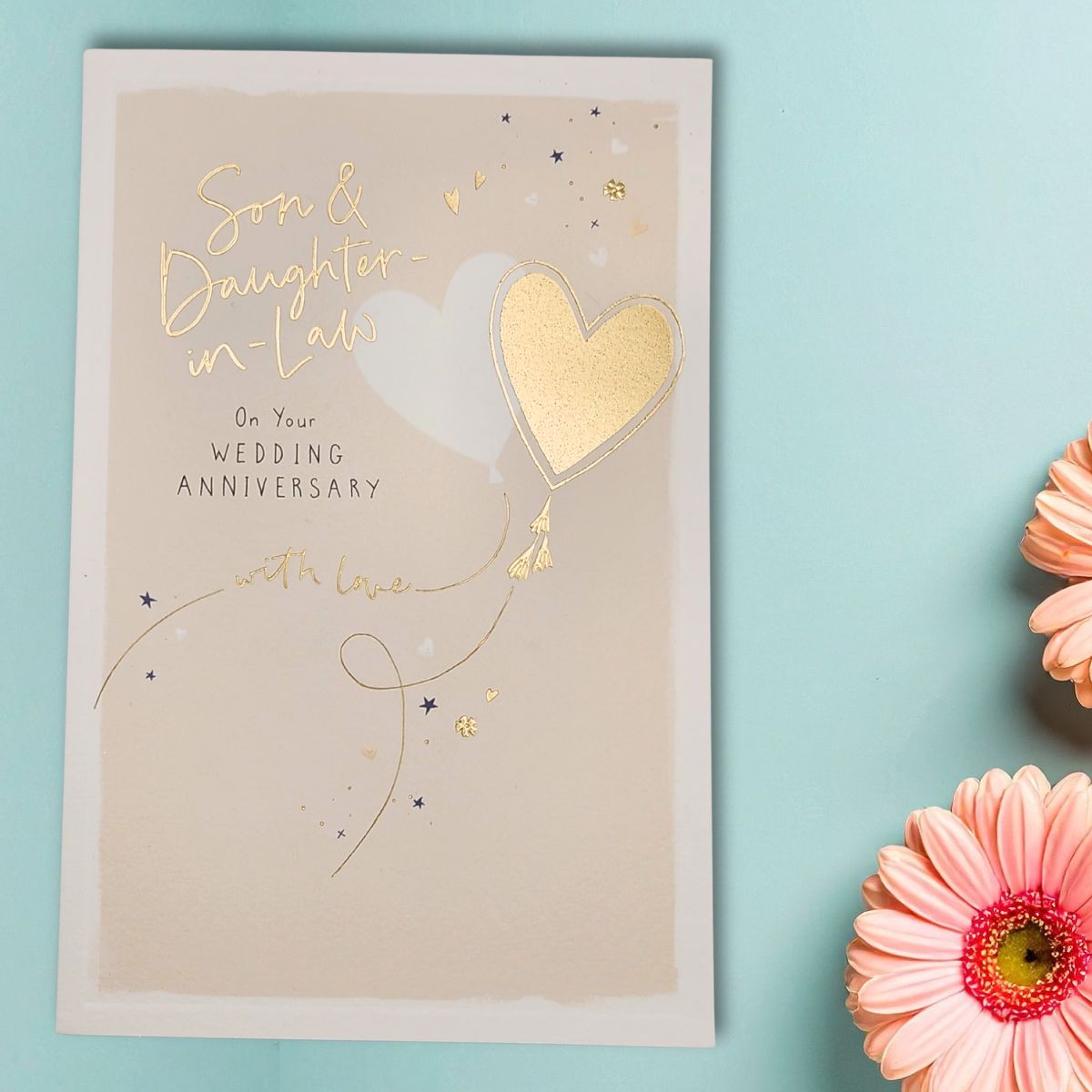 Son & Daughter-In-Law Wedding Anniversary Card - Gold Heart Balloons