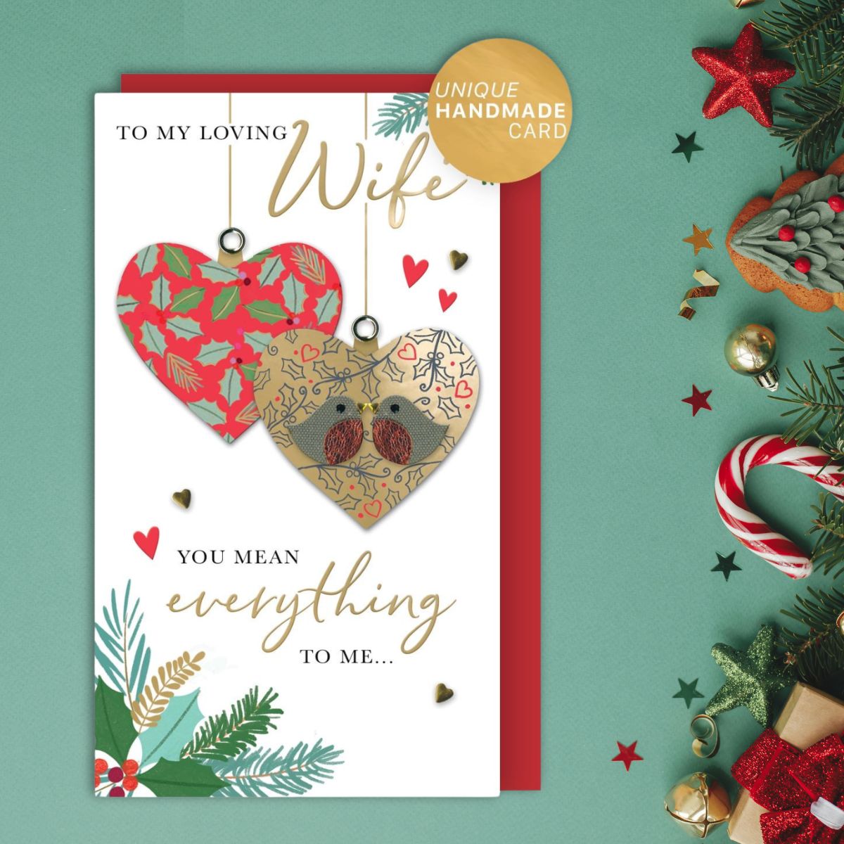 Wife Christmas Card - Decorated Baubles Embellished