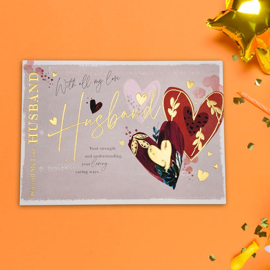 Husband Birthday Card - Landscape Floral Hearts