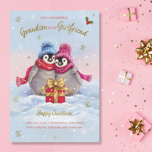 Grandson & Girlfriend Christmas Card - Just For You Penguins