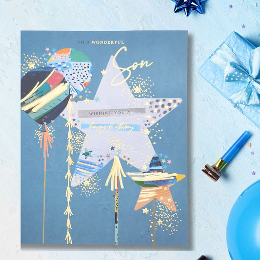 Son Birthday Card - Large Balloons & Stars