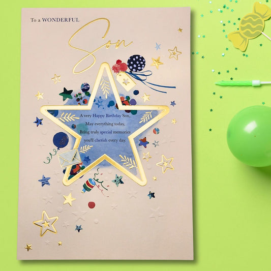 Son Birthday Card - Large Gold Star Confetti Pop