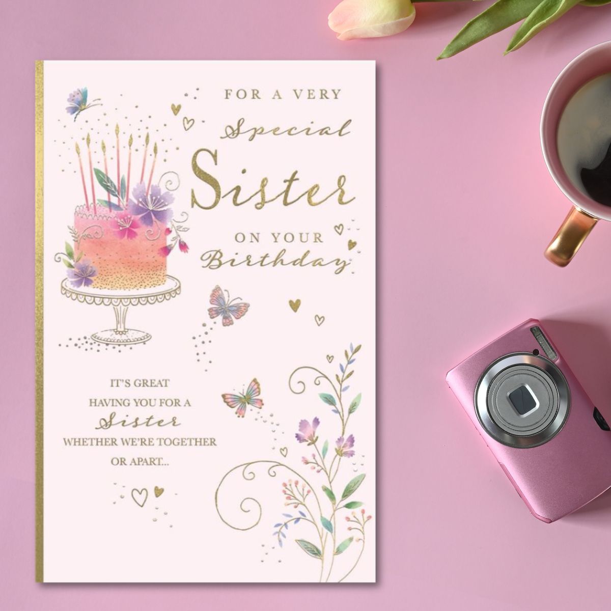 Sister Birthday Card - Large Luxury Butterflies & Cake