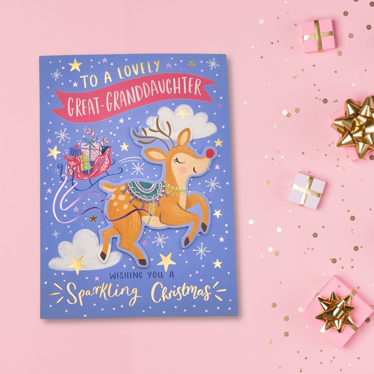 Great Granddaughter Christmas Card - Decoupage Reindeer