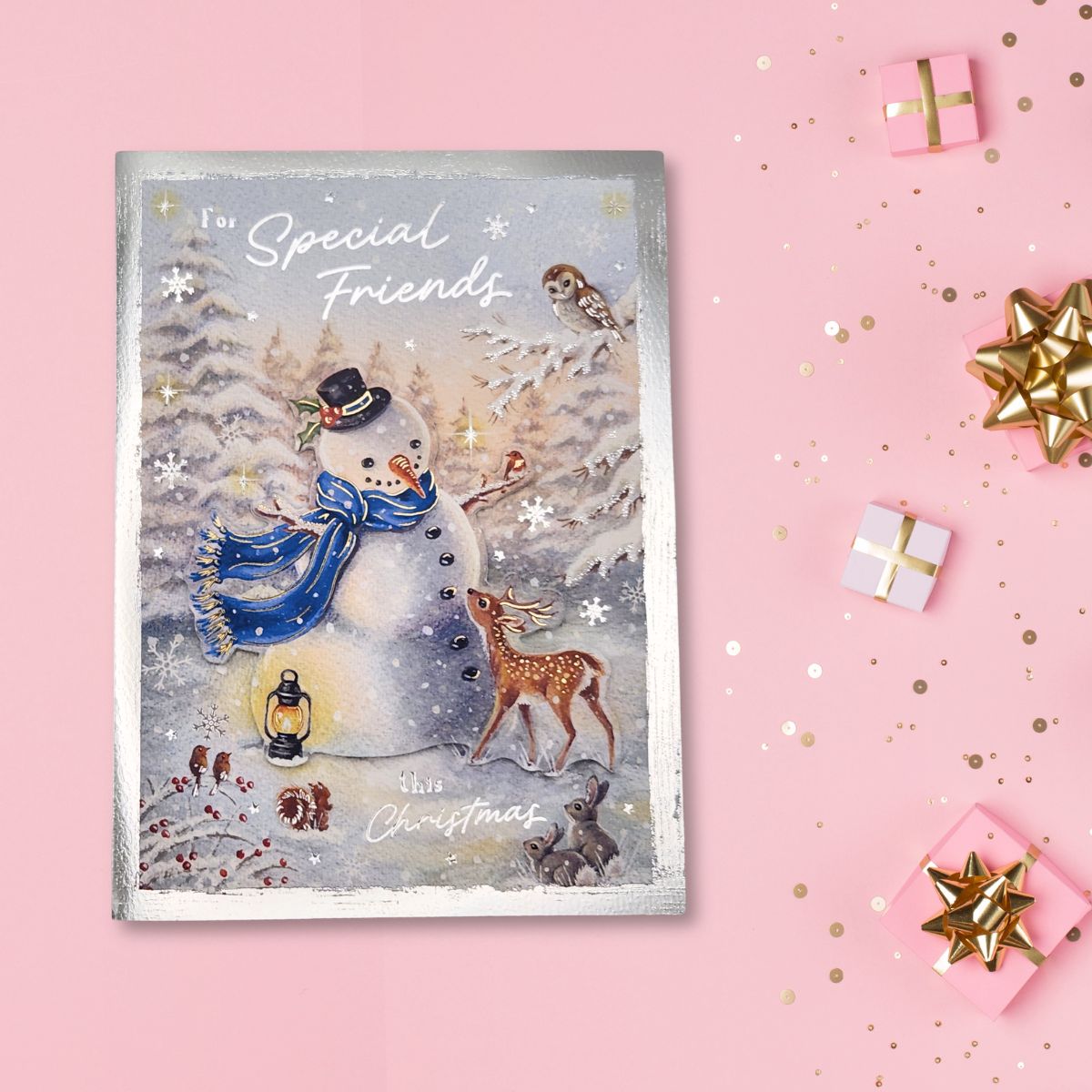 Friends Christmas Card - Decoupage Woodland Snowmand