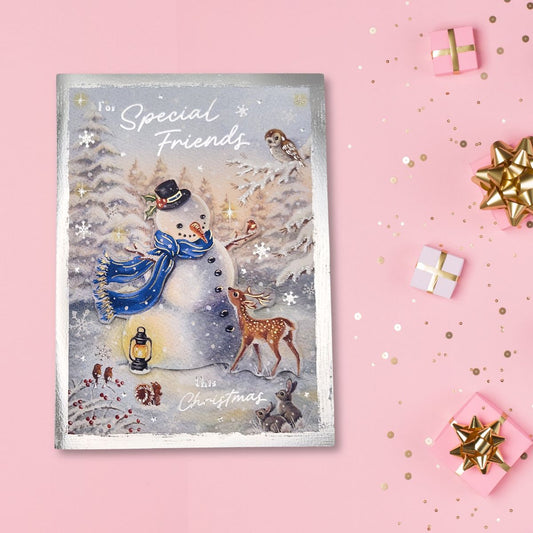 Friends Christmas Card - Decoupage Woodland Snowmand