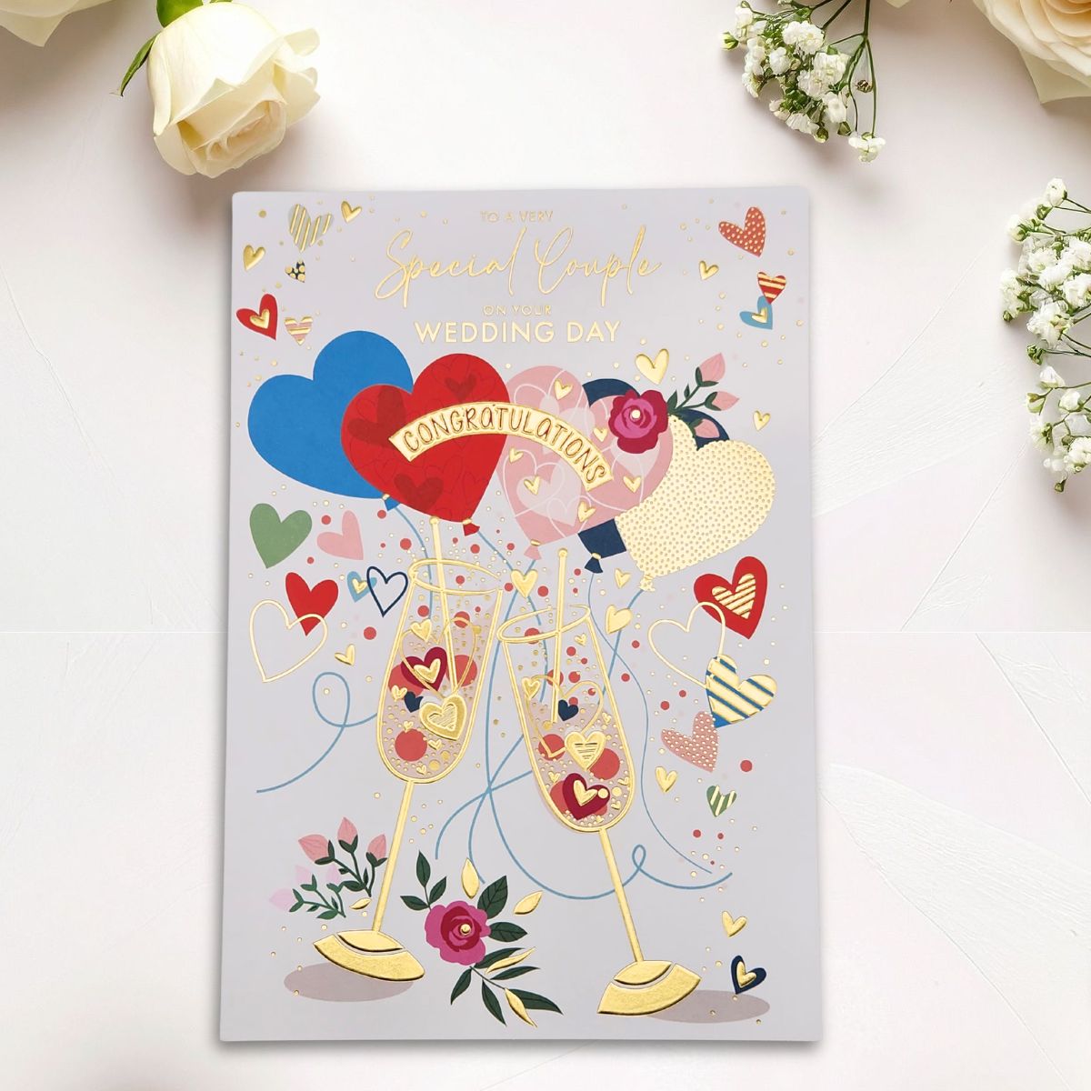 Wedding Day Card - Special Couple Flutes & Hearts