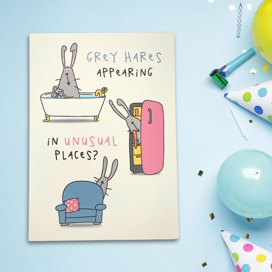 Funny Birthday Card - Giggles Grey Hares Appearing