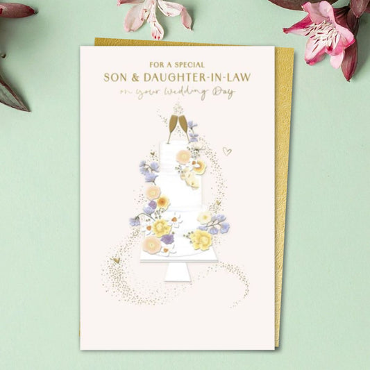Son & Daughter-In-Law Wedding Day Card - Pastel Floral Cake
