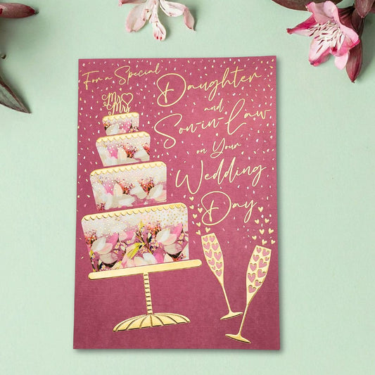 Daughter & Son-In-Law Wedding Day Card - Pink Floral Cake