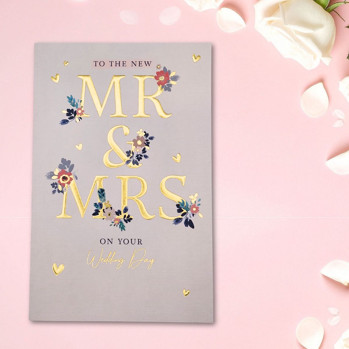 Wedding Day Card - Gold Floral Mr & Mrs Text