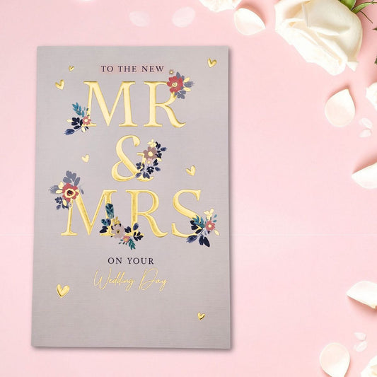 Wedding Day Card - Gold Floral Mr & Mrs Text