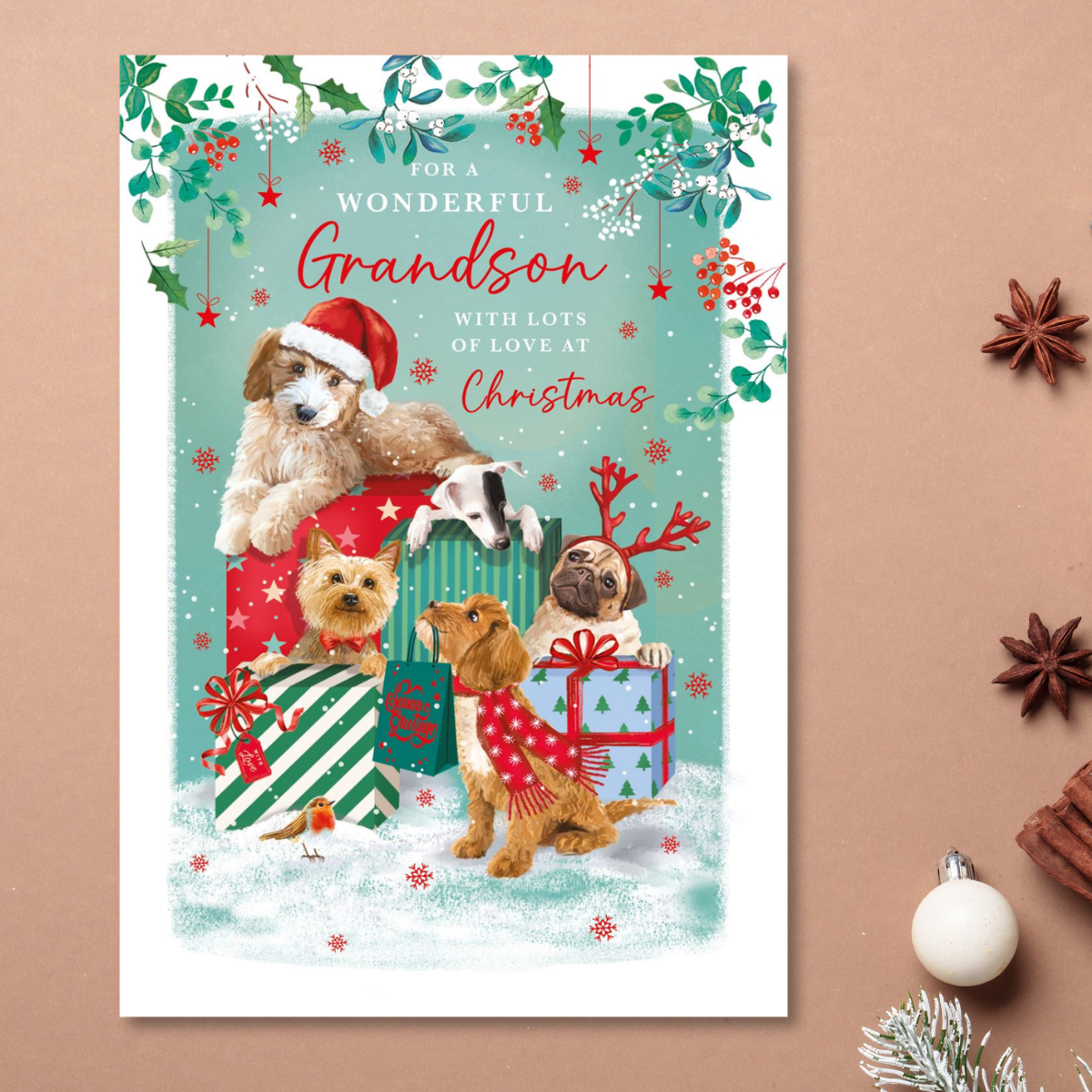 Grandson Christmas Card - Puppies & Gifts