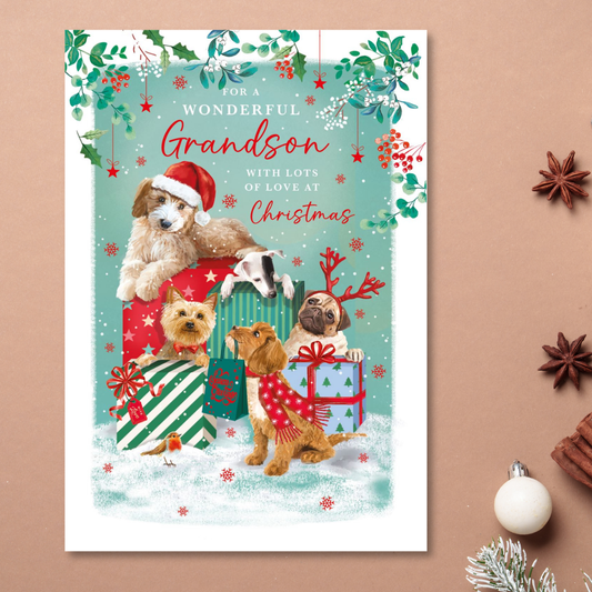 Grandson Christmas Card - Puppies & Gifts