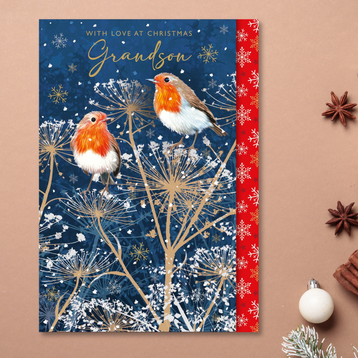 Grandson Christmas Card - Gold Robins