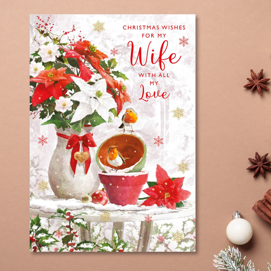 Wife Christmas Card - Snowy Robin & Poinsettia