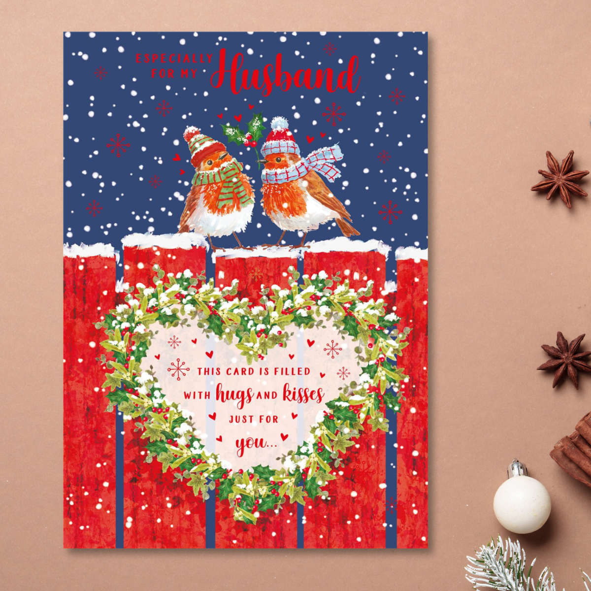 Husband Christmas Card - Robins On Fence