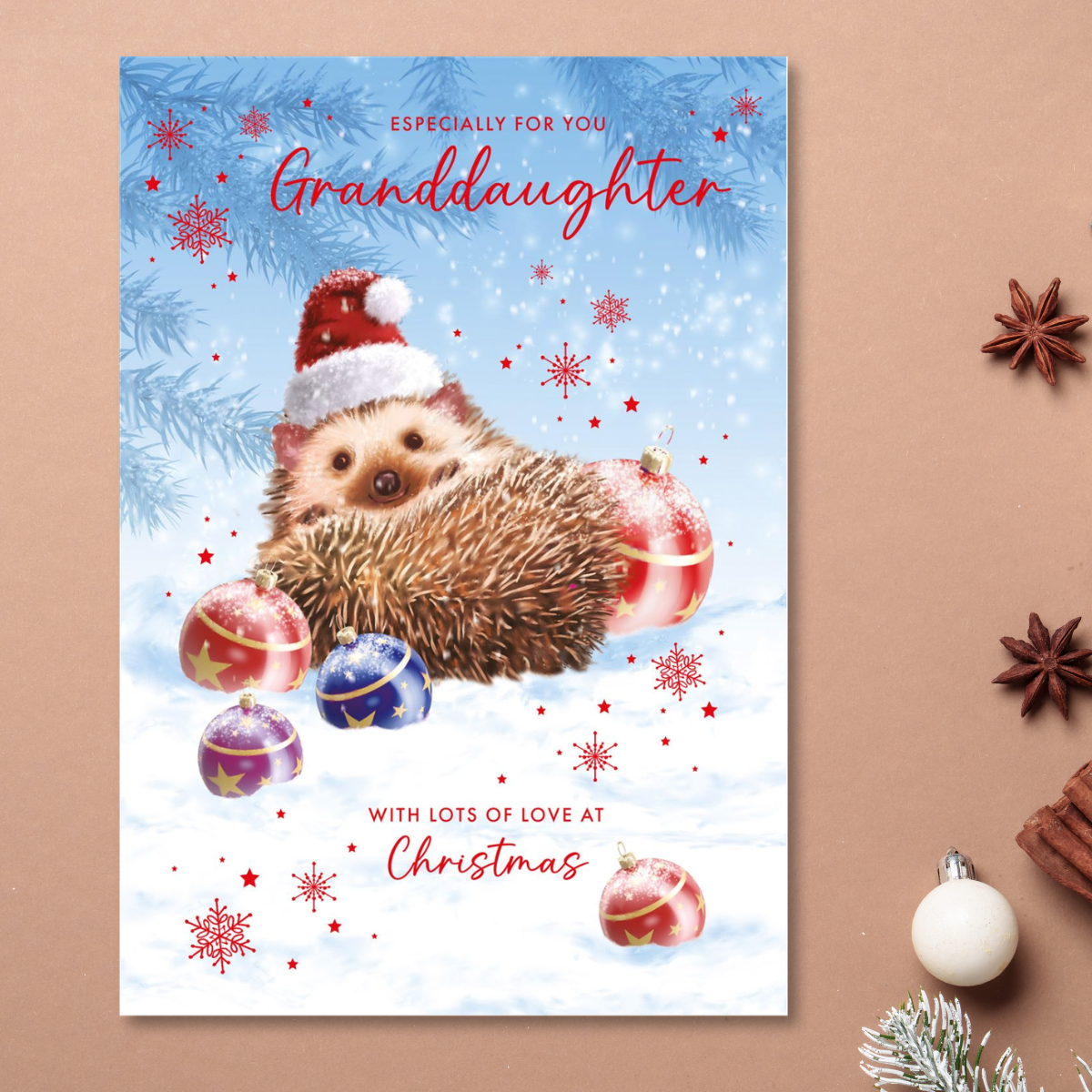 Granddaughter Christmas Card - Hedgehog & Baubles