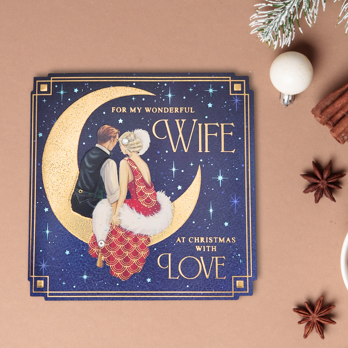 Wife Christmas Card - Art Deco Couple On The Moon