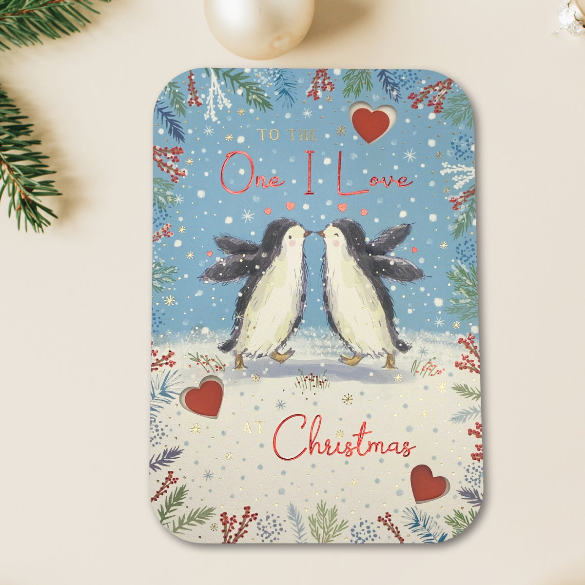 One I Love Christmas Card - Penguins & Hearts