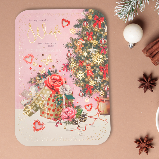 Wife Christmas Card - Gingerbread Tree & Gifts