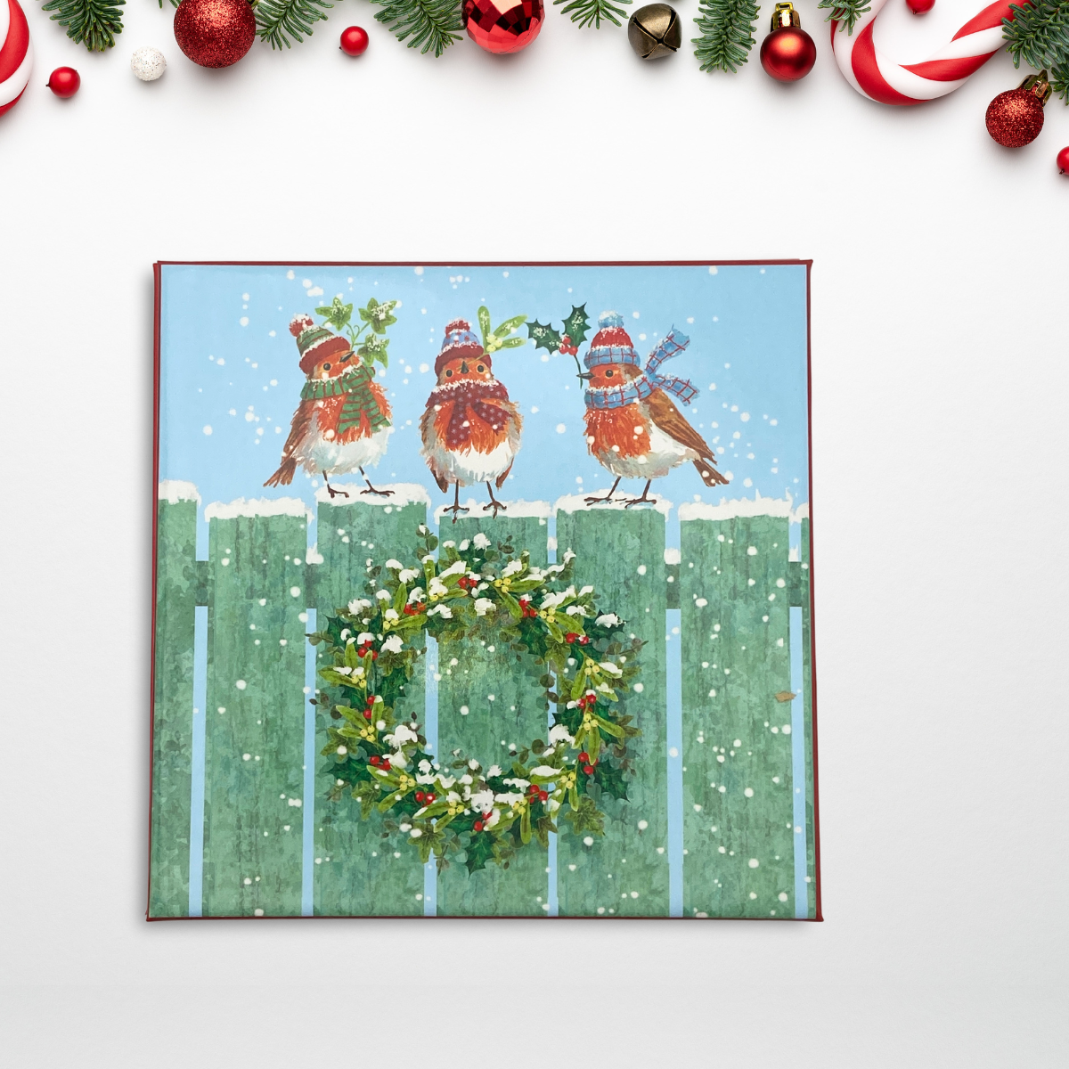 10 x Christmas Cards In Box - Robins On Fence