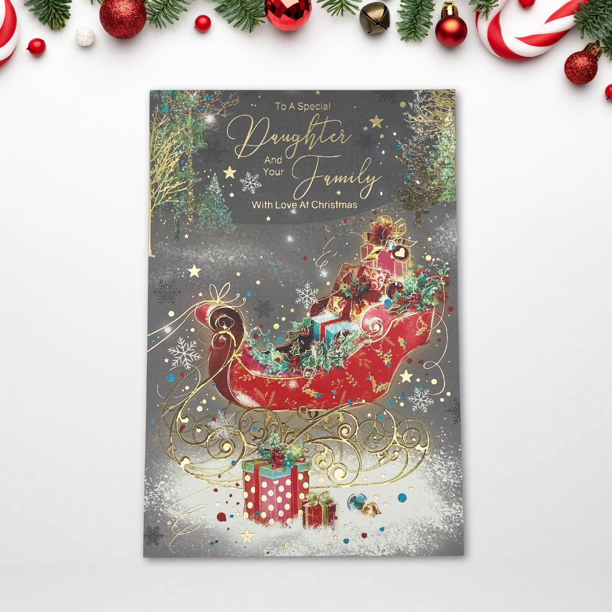 Daughter & Family Christmas Card - Grace Red Sleigh & Gifts