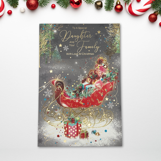 Daughter & Family Christmas Card - Grace Red Sleigh & Gifts