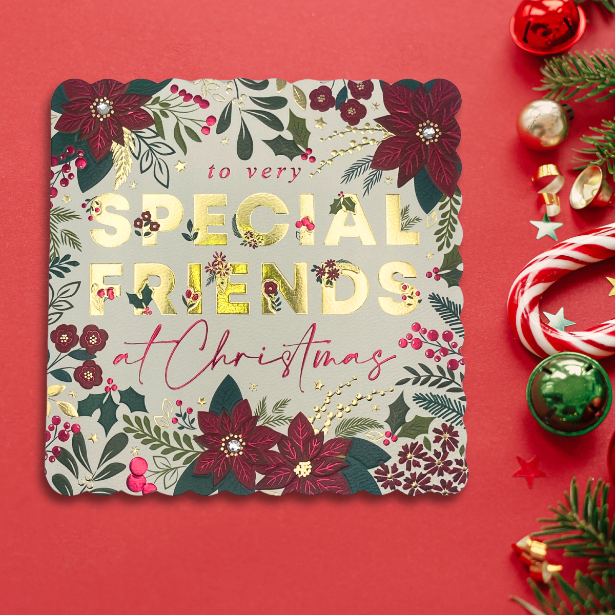 Friends Christmas Card - Poinsettia Floral Border & Gems