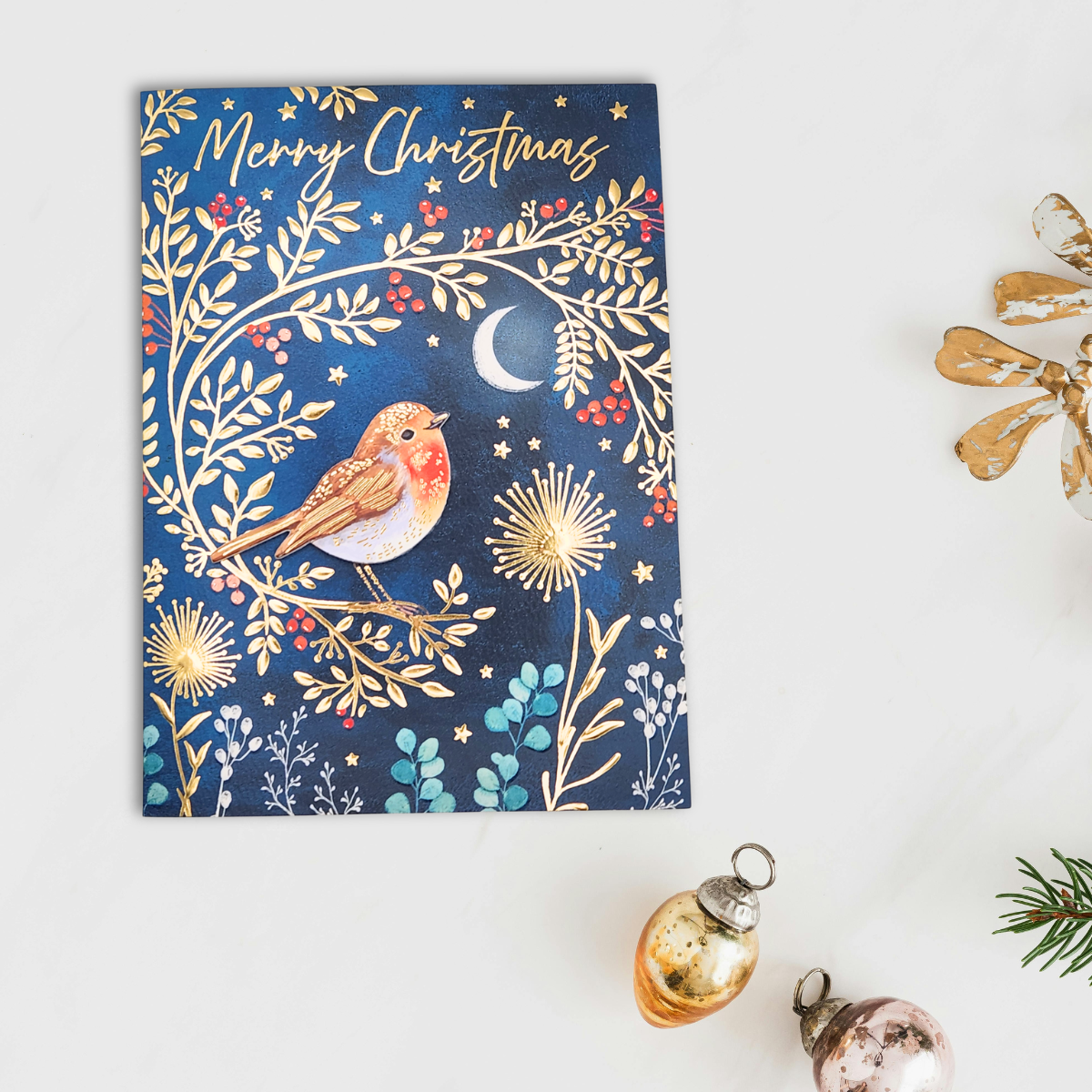 Open Christmas Card - Decoupage Robin & Moon