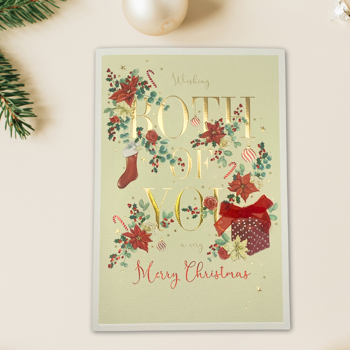 Both Of You Christmas Card - Gold Text & Stockings