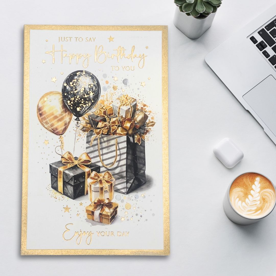 Birthday Bliss Birthday Card - Gold Gifts & Balloons
