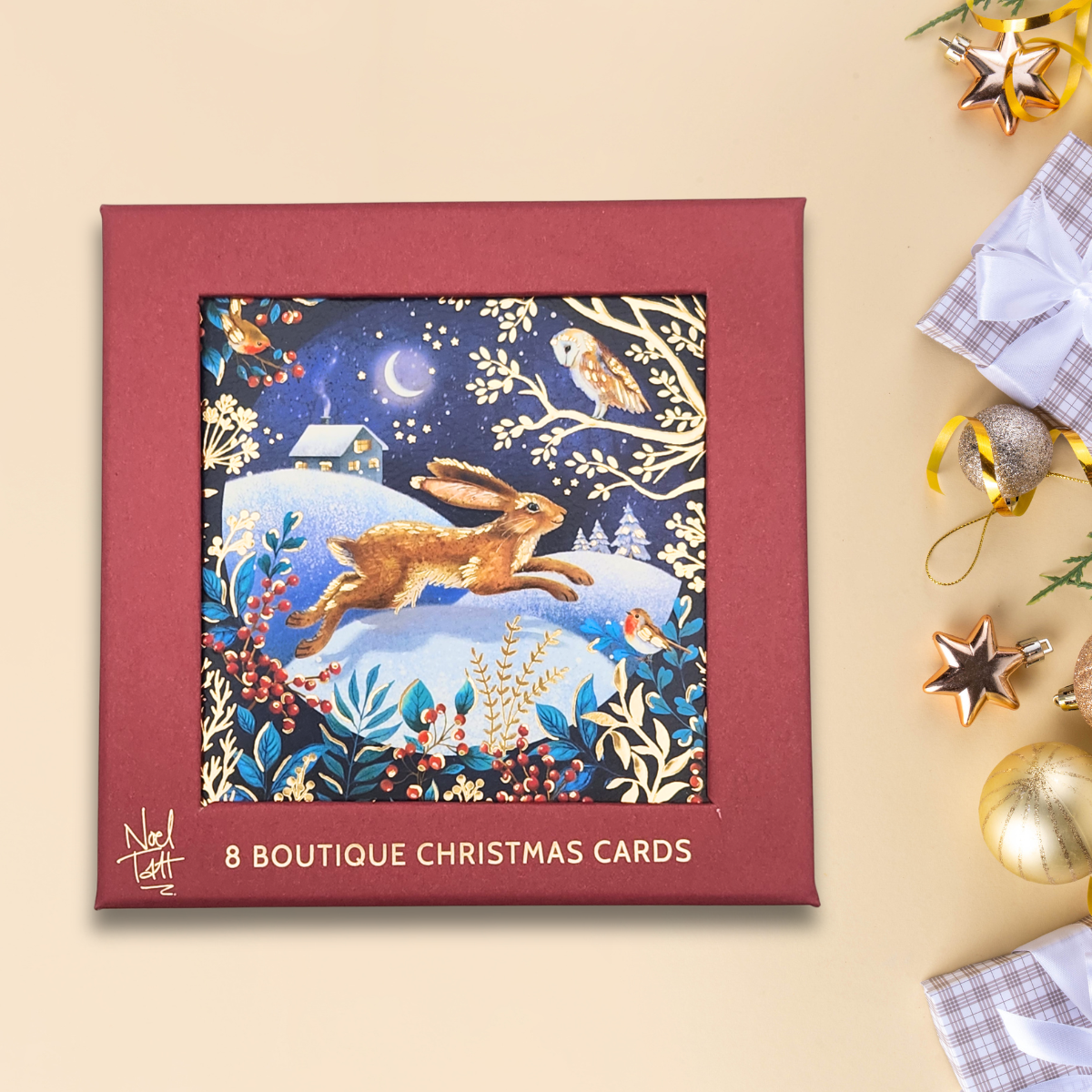 8 x Christmas Cards In Box - Rabbit & Owl