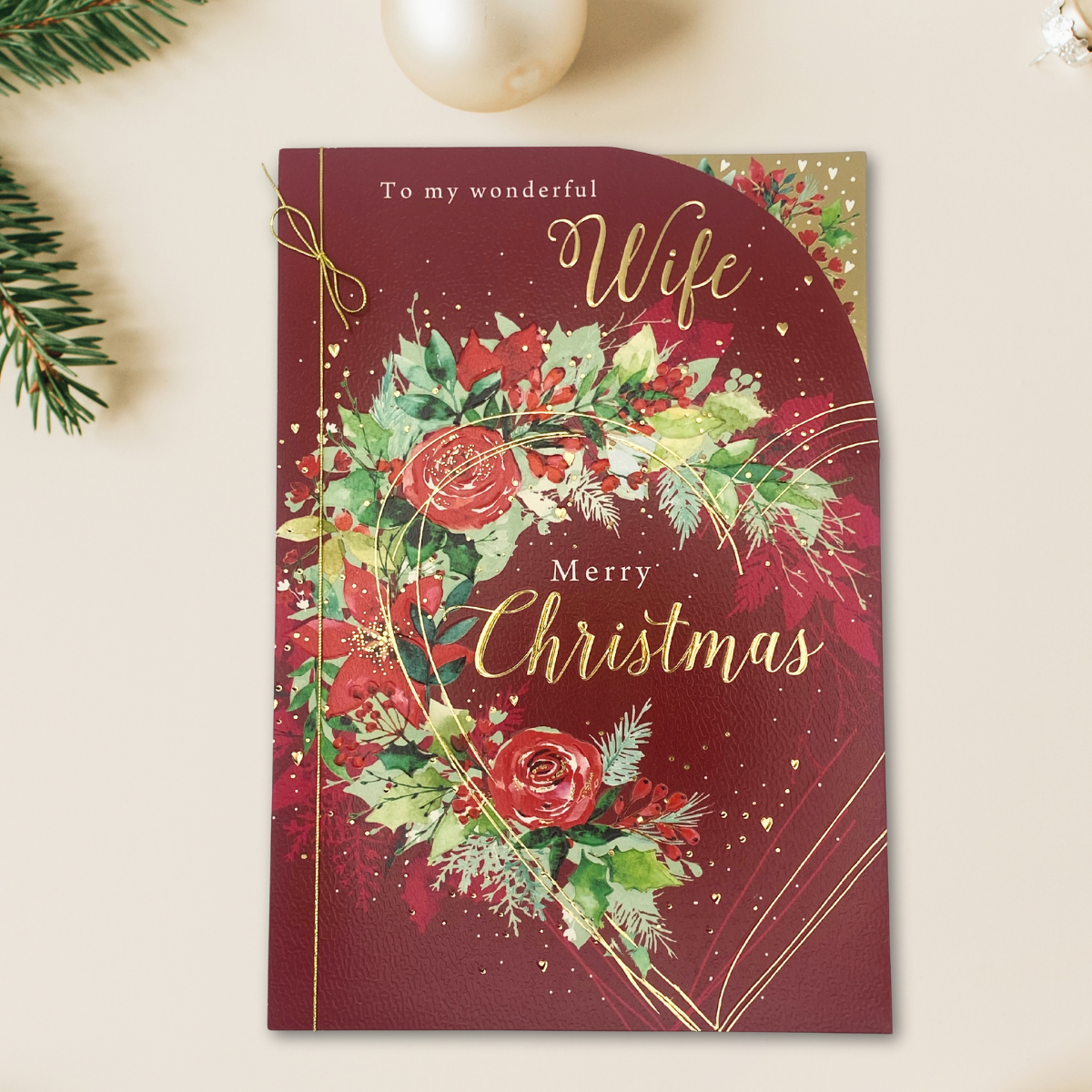 Wife Christmas Card - Gold Ribbon Floral Wreath