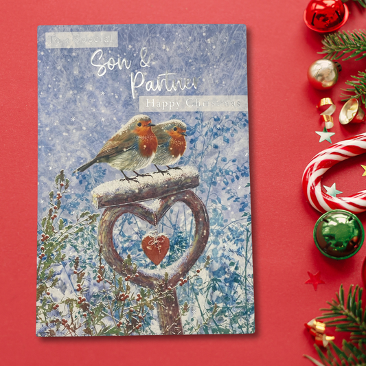 Son & Partner Christmas Card - Robins & Heart In Snow