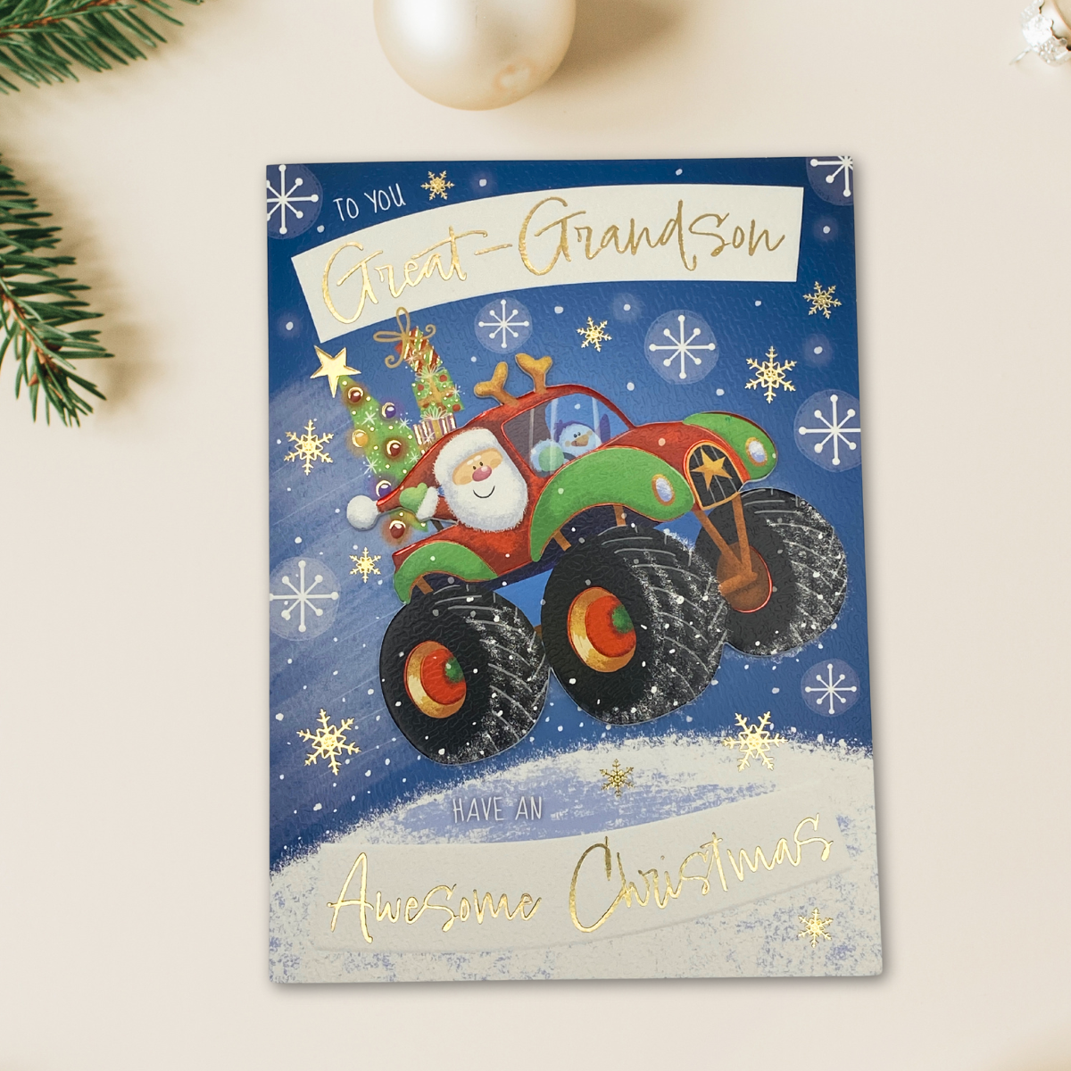 Great Grandson Christmas Card - Decoupage Snow Car