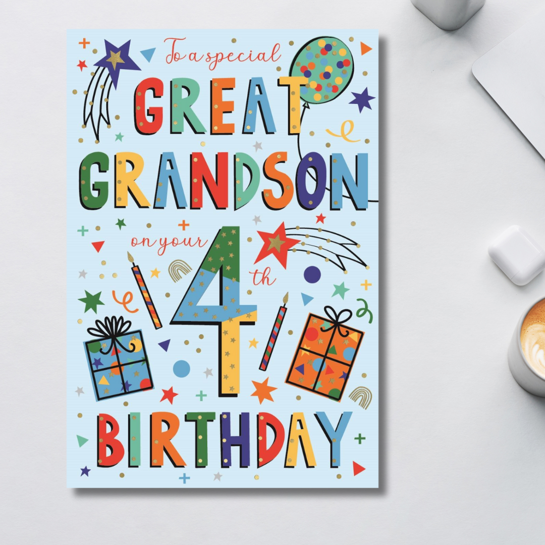Great Grandson 4th Birthday Card - Wonderful Wishes