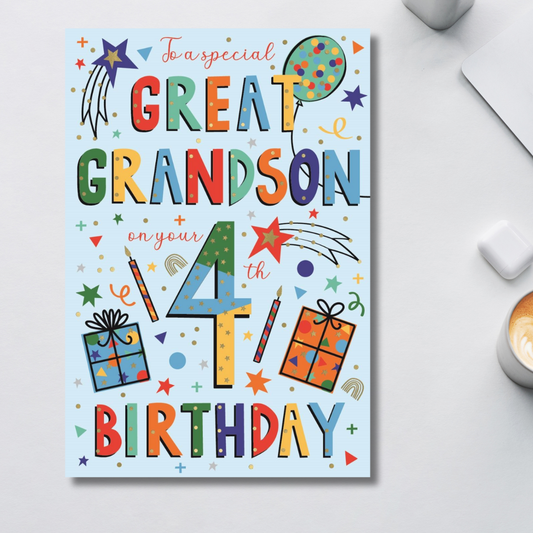Great Grandson 4th Birthday Card - Wonderful Wishes