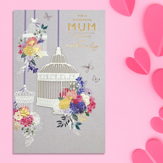 Large grey card with three gilded floral birdcages and butterflies with gold foil details and text