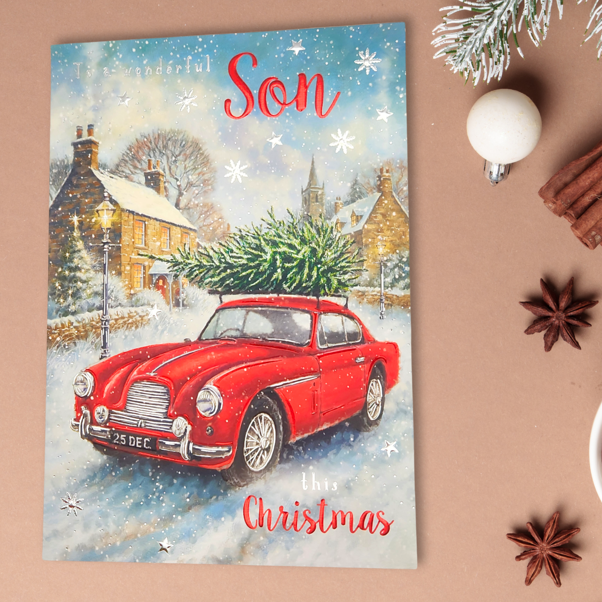 Son Christmas Card - Festive Car & Tree