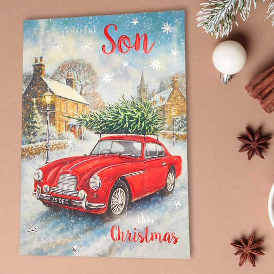 Son Christmas Card - Festive Car & Tree