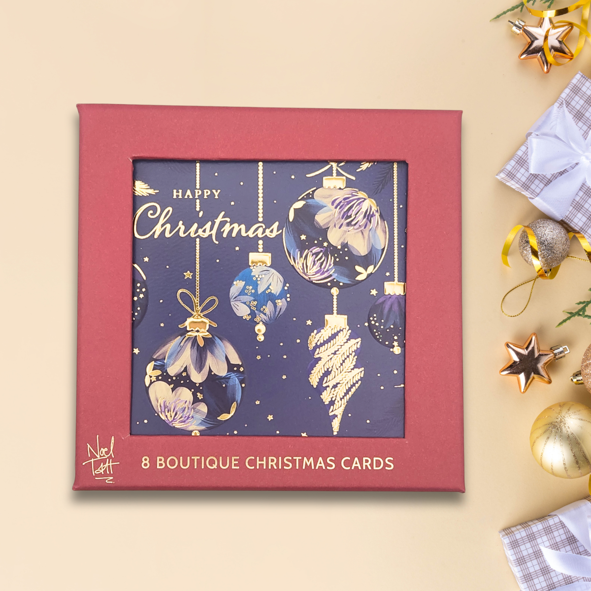 8 x Christmas Cards In Box - Floral Baubles